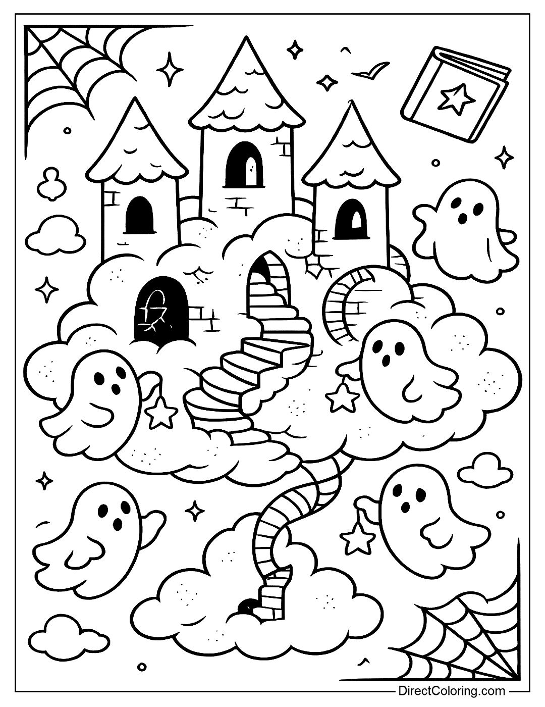 coloring page of a haunted castle-shaped cloud with peek-a-boo windows and a spiral staircase